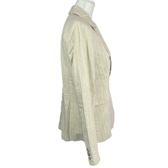 Joie Linen Blend Pinstripe Blazer M Beige Metallic Gold Double Breasted Pockets - Picture 5 of 11